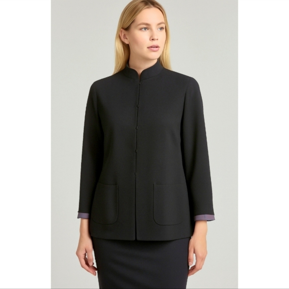 Blanc de Chine Silk Lined Crepe Draped Jacket Black Lavender Size 12